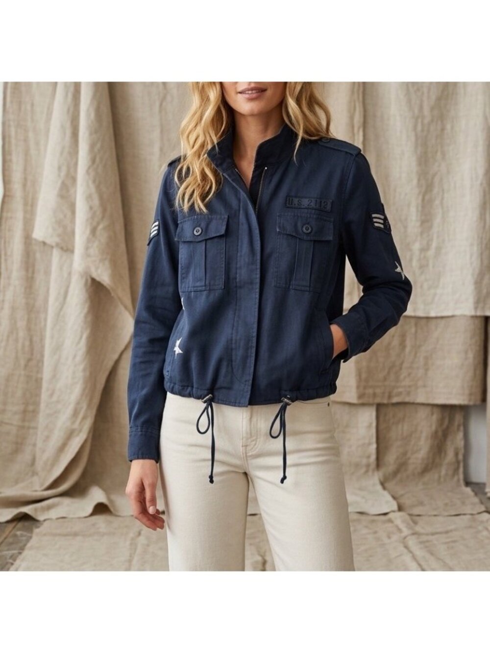Rails Women's Military Style Utility Button Up Jacket Grant Indigo Patch Sz S